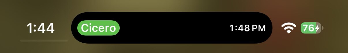 The Dynamic Island at the top of an iPhone screen: a 1 minute 44 second countdown, the stop name Cicero, and the clock reading 1:48 PM