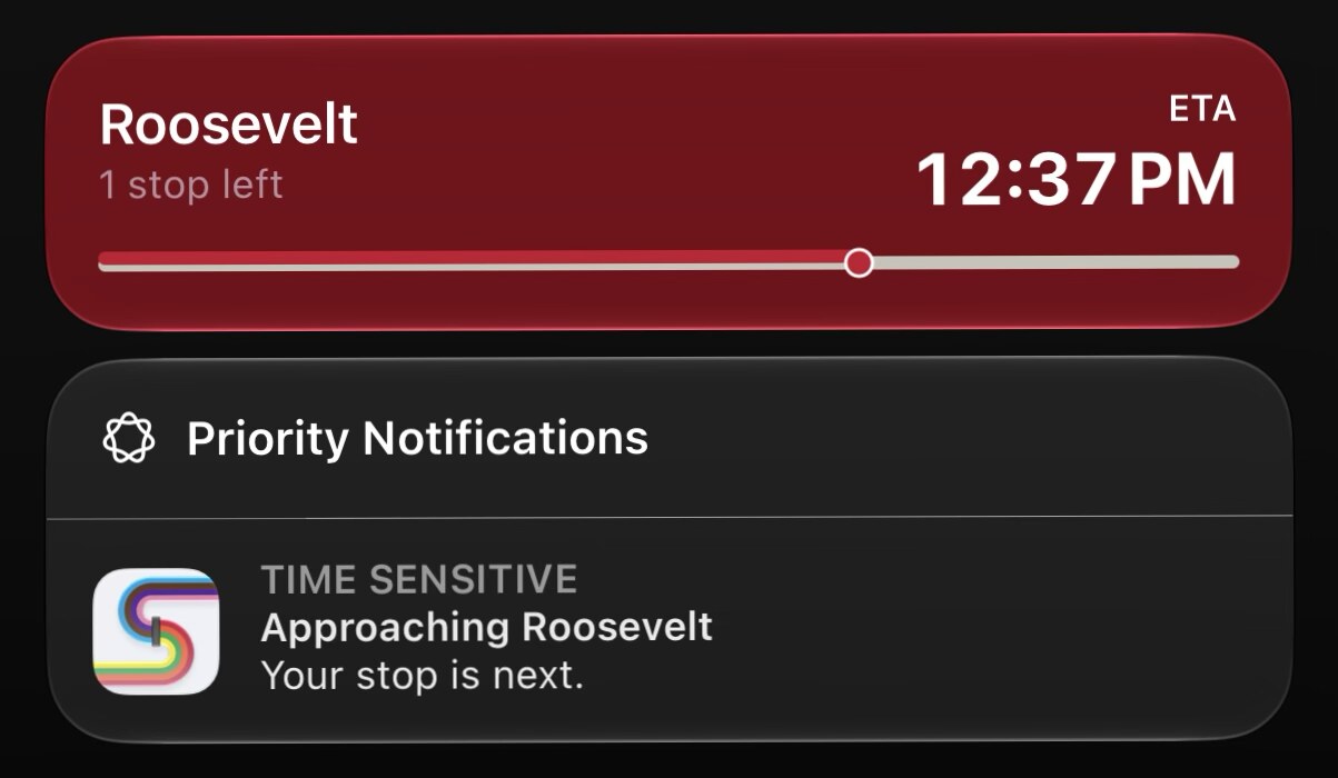 An iPhone lock screen showing a Stratus Live Activity for Roosevelt, one stop left, ETA 12:37 PM, with a progress bar, and a time-sensitive notification below it reading Approaching Roosevelt, your stop is next