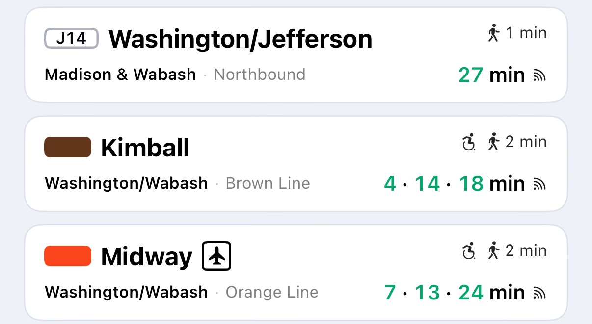 A real Stratus list: the J14 bus, the Brown Line to Kimball, and the Orange Line to Midway, side by side