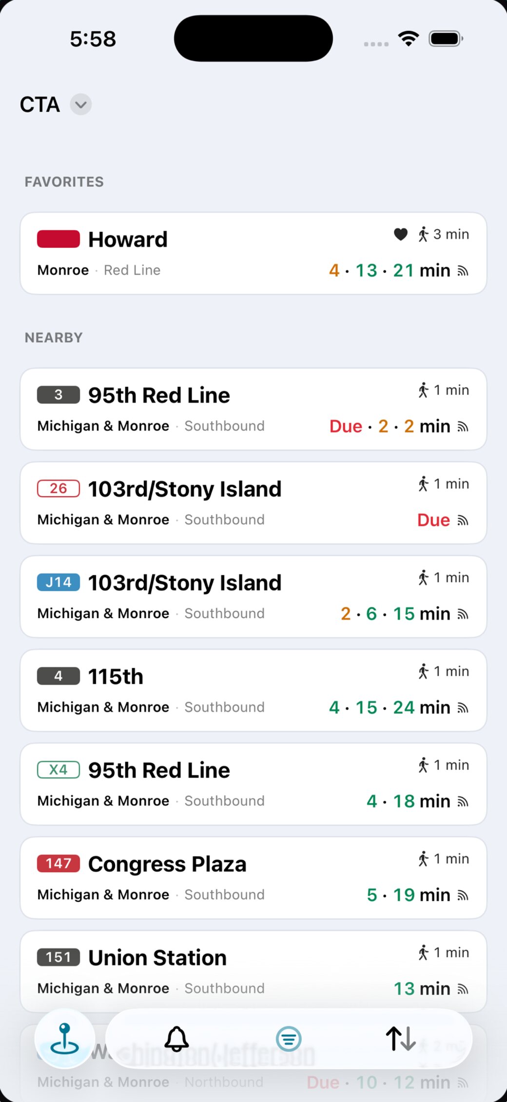 The Stratus Nearby list: favorites at the top, then nearby CTA rail and bus departures and a Metra departure from Union Station, each with the time it takes to reach it
