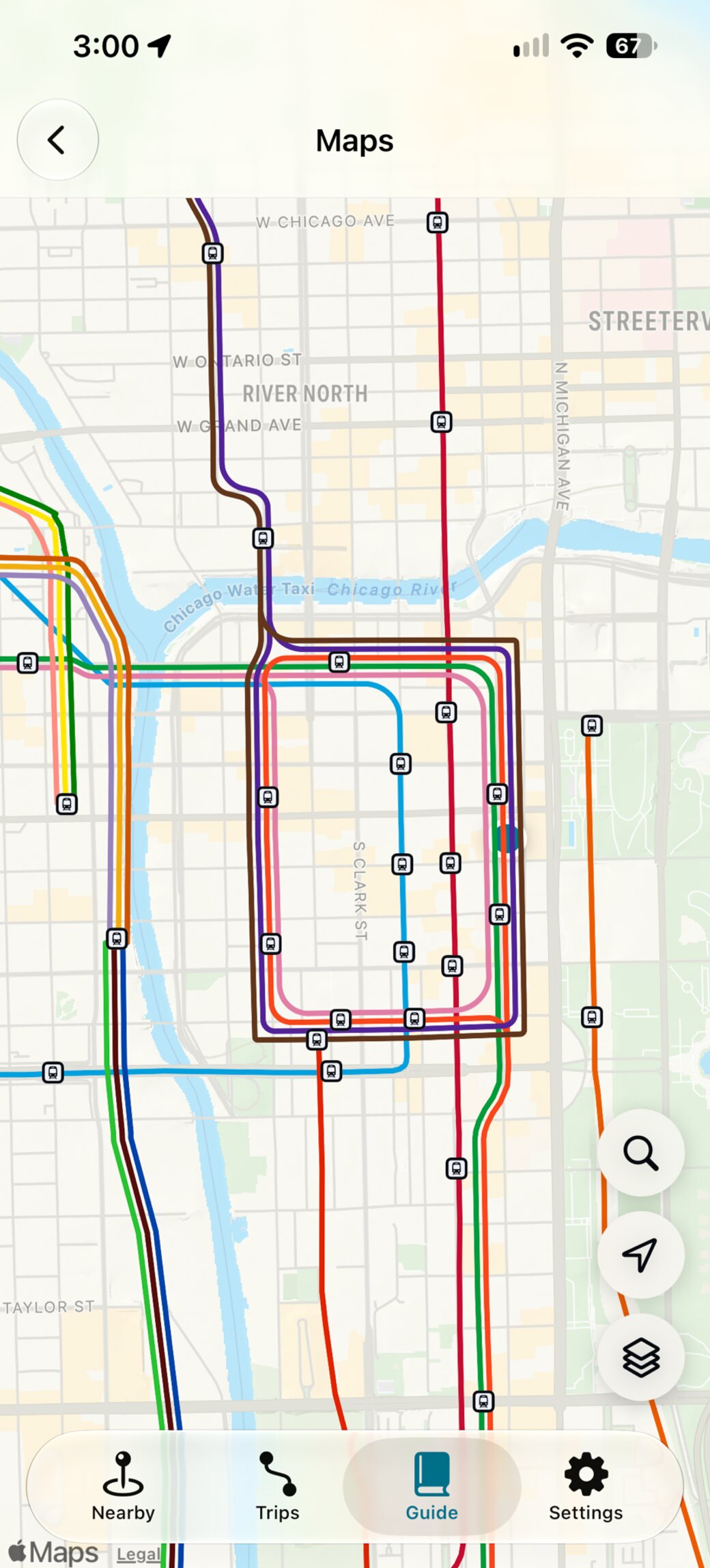 The same map zoomed into the Loop, where the individual CTA lines separate and become readable