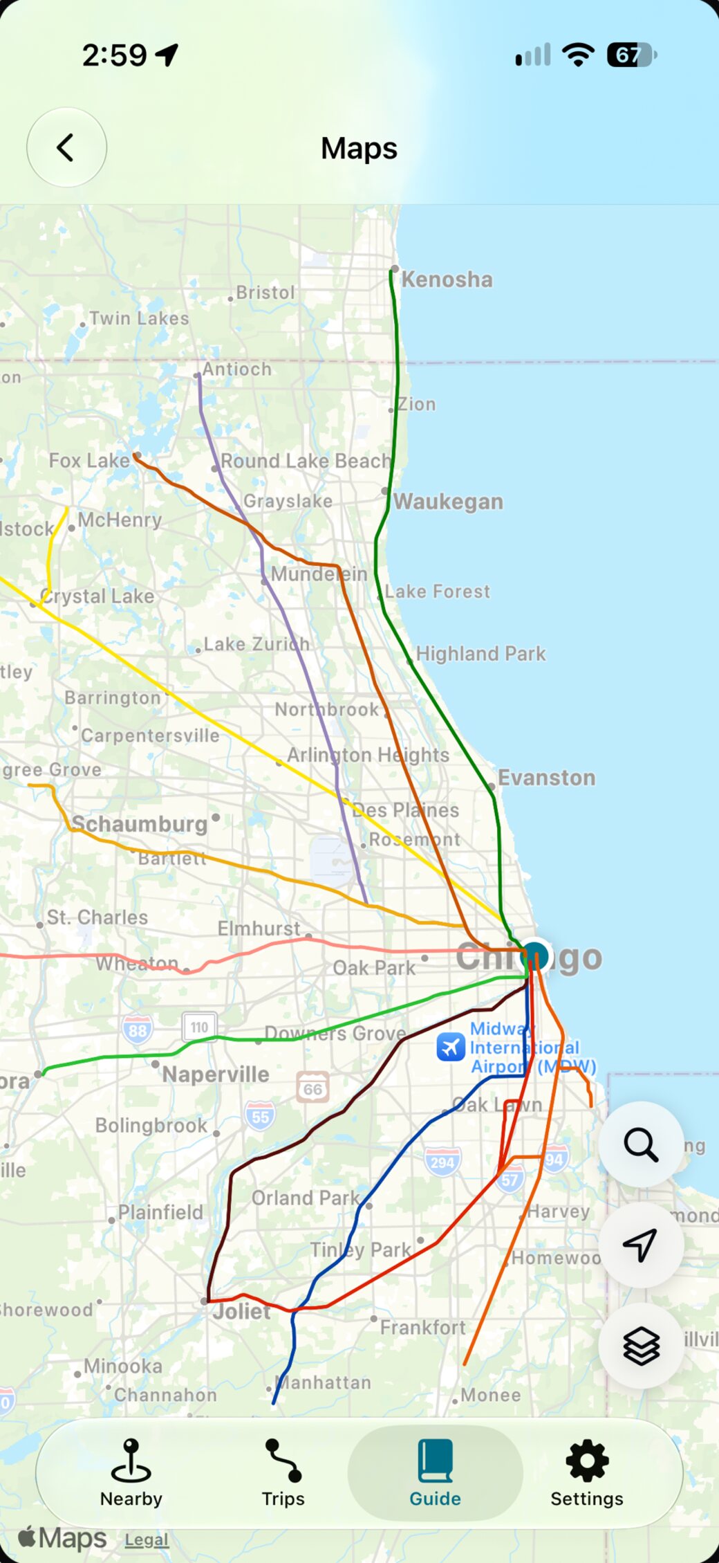 The Stratus system map zoomed out across the Chicago region, showing every CTA and Metra line as a colored route