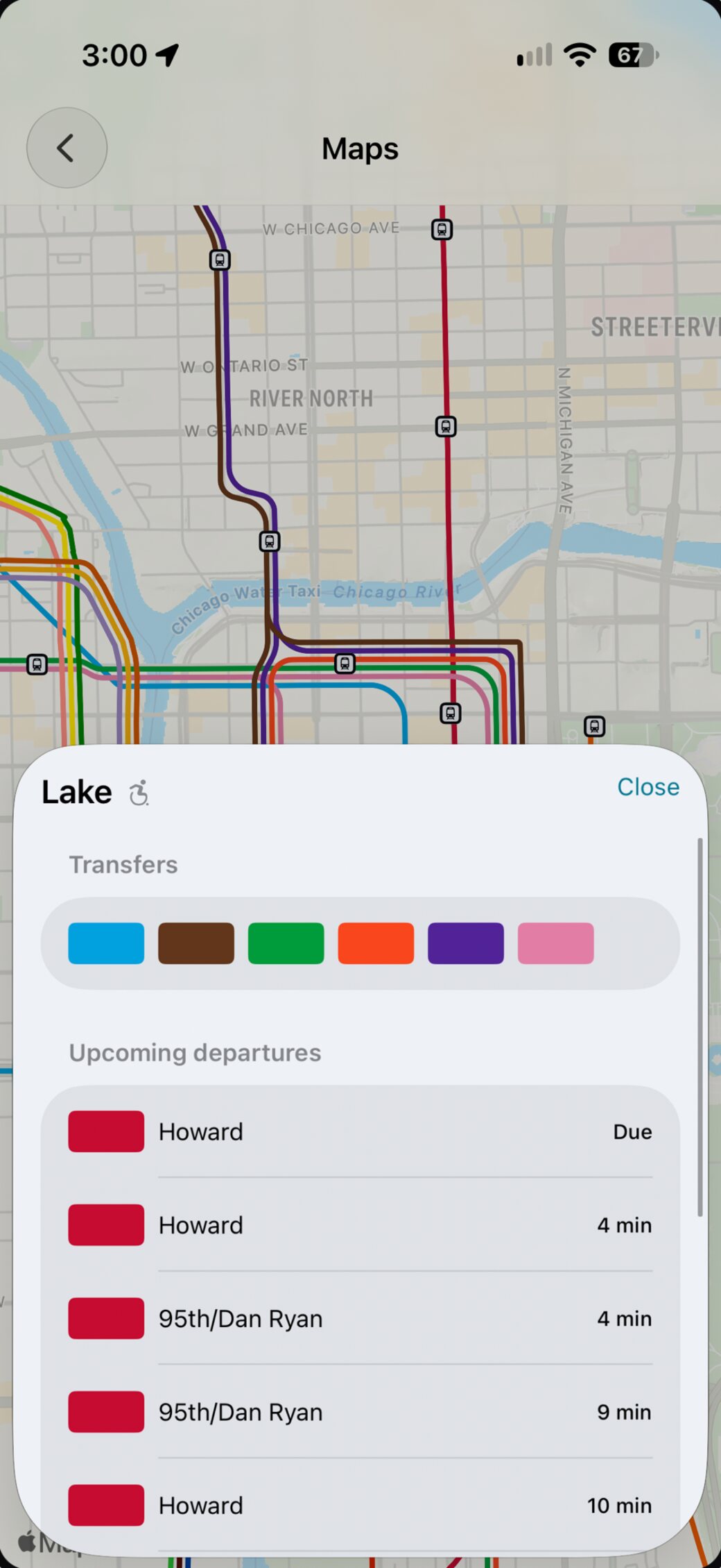 A station sheet for Lake in Stratus, listing its transfers and the next Red Line departures to Howard and 95th/Dan Ryan