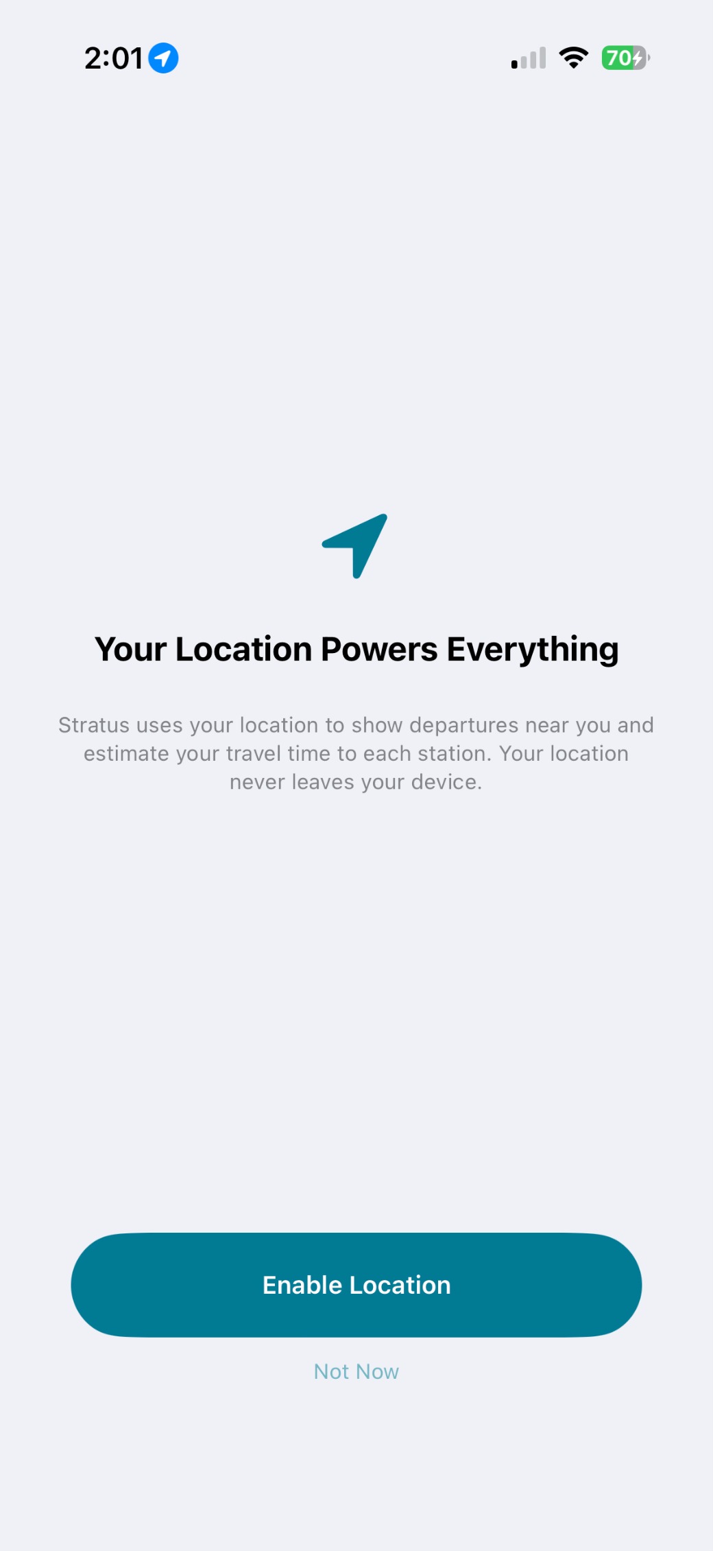 Stratus location permission screen: your location never leaves your device