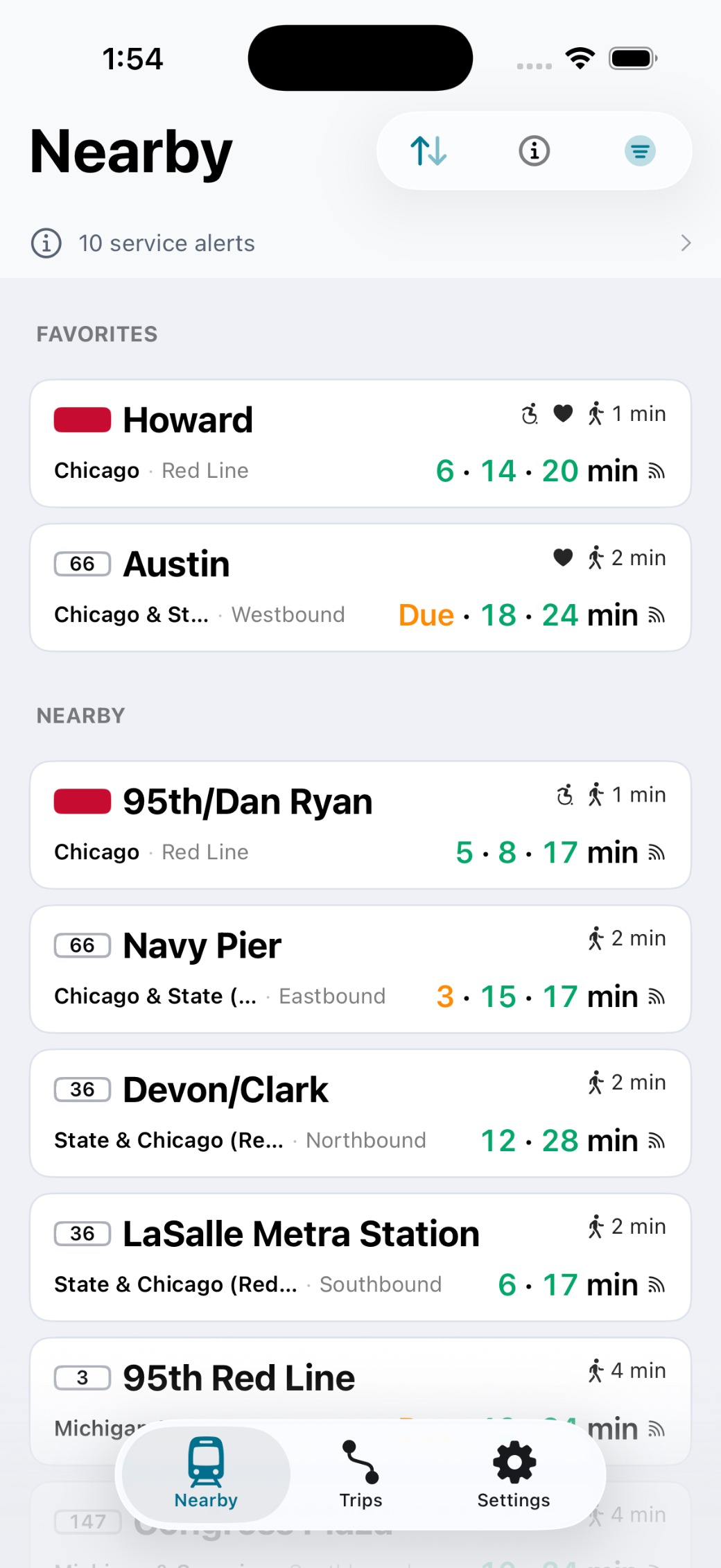 The Stratus Nearby screen, live CTA departures sorted by walking distance
