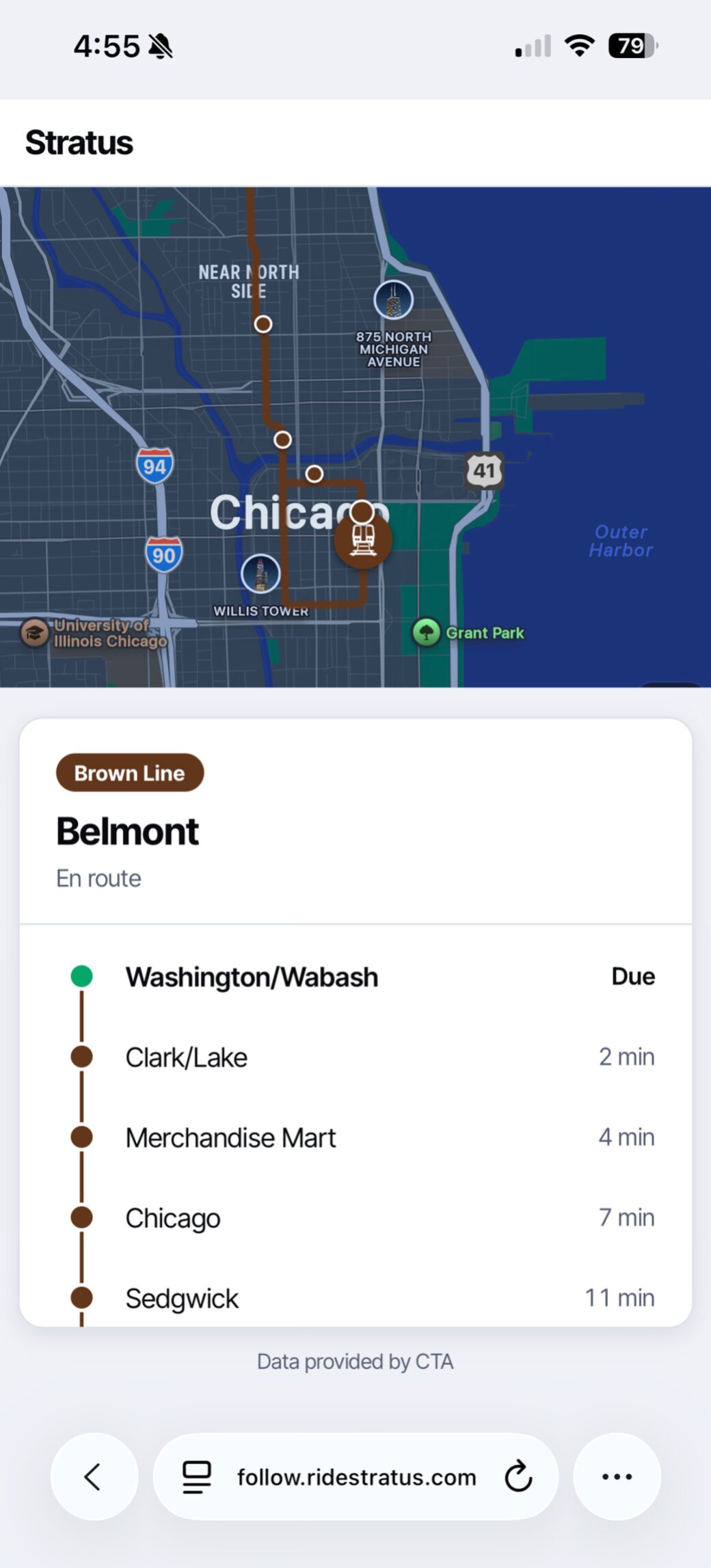 A shared Stratus trip seen in a browser: a map of Chicago with the Brown Line trip to Belmont and its upcoming stops