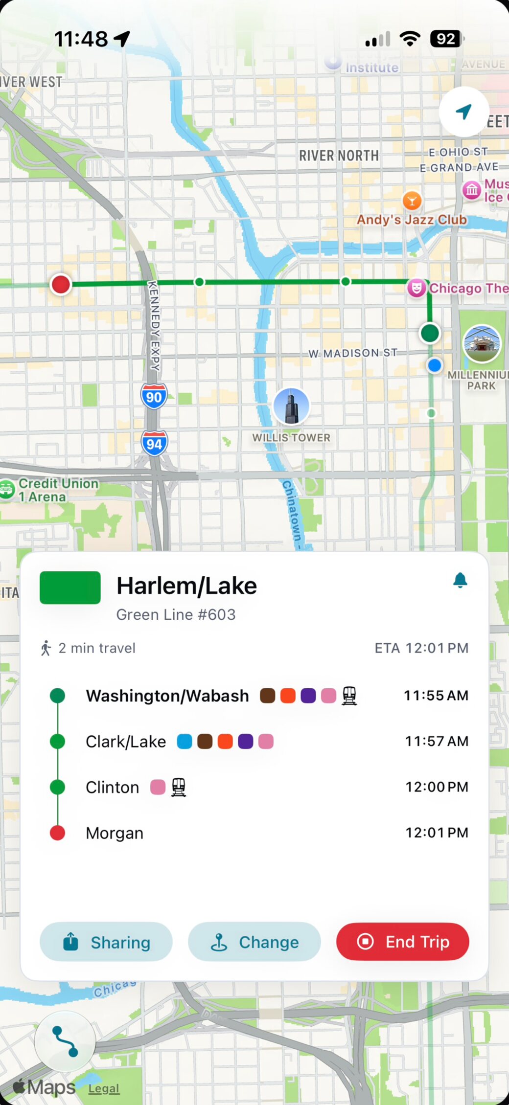 A Stratus trip in progress: the Green Line to Harlem/Lake on a live map with the remaining stops and their times listed below