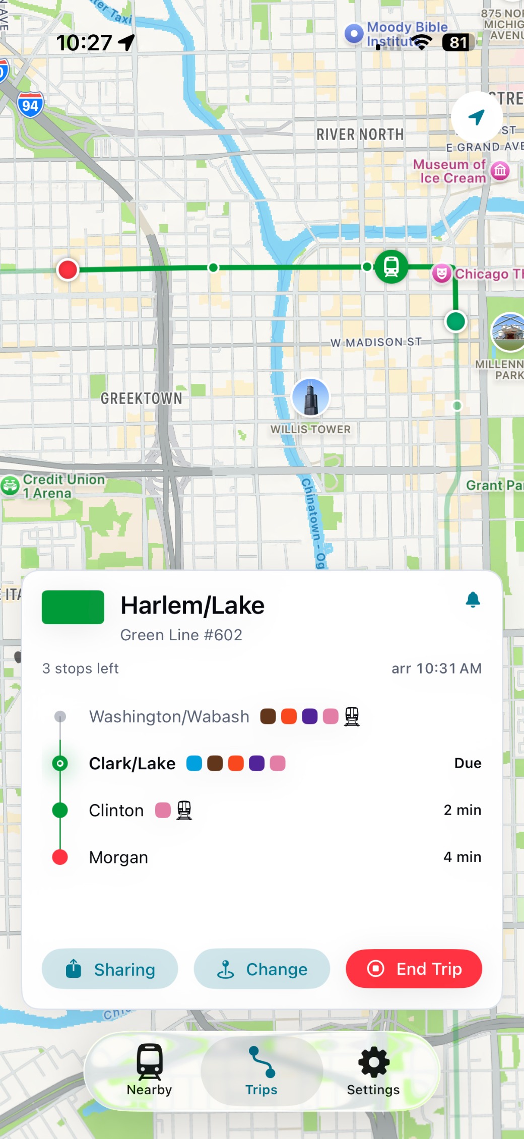 Stratus trip view tracking the Green Line to Harlem/Lake on a live map